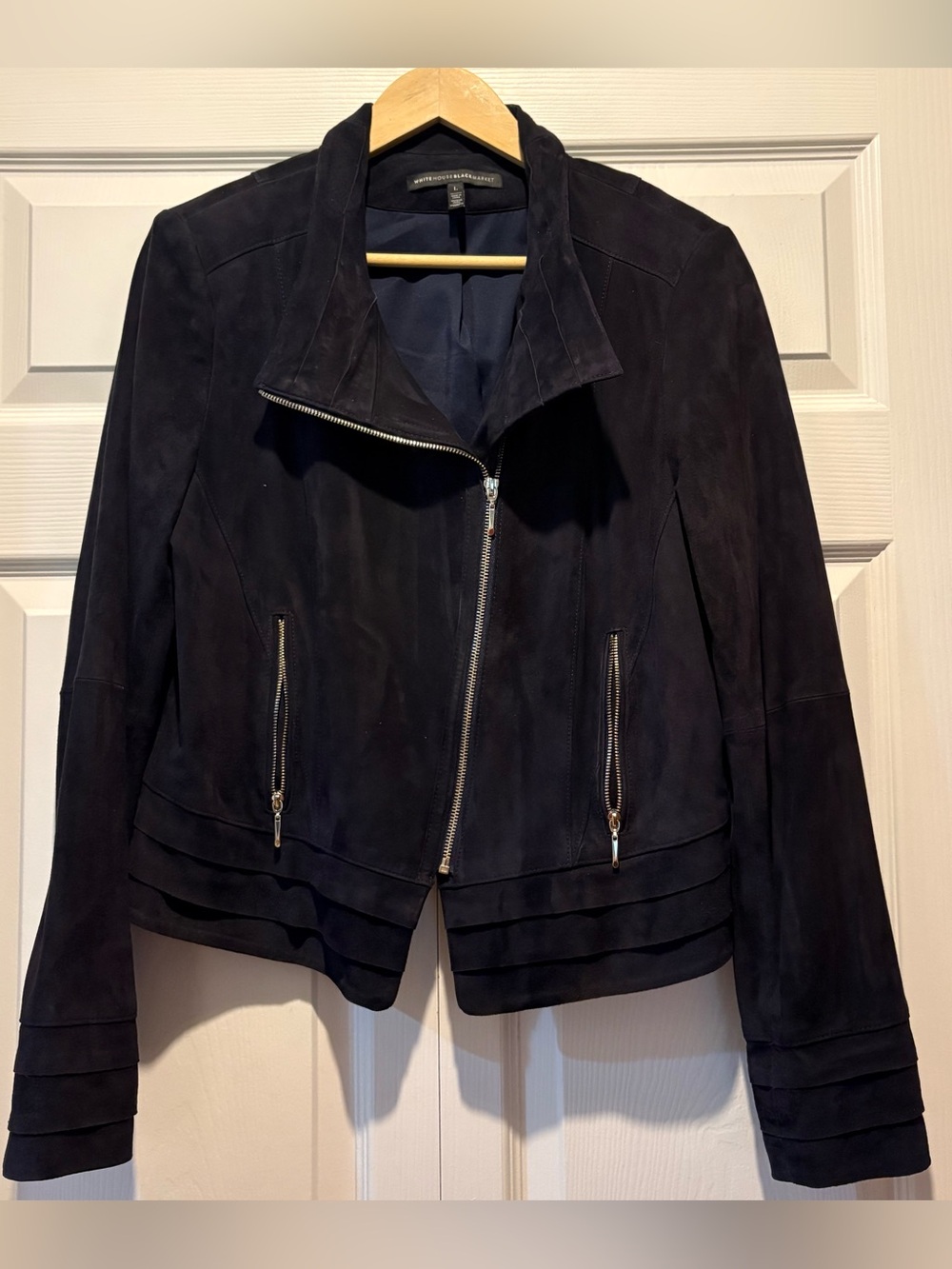 White House Black Market Navy Suede Zip Moto Layered Jacket Pockets Sz L